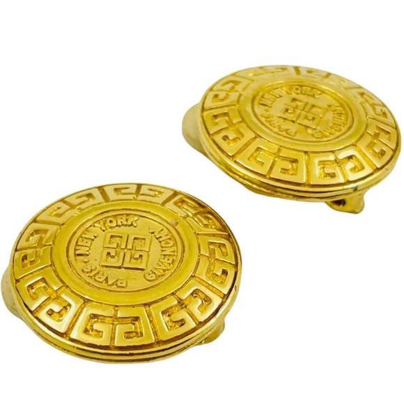 Vintage GIVENCHY Paris New York gold signed logo designer runway clip earrings - Picture 3 of 5